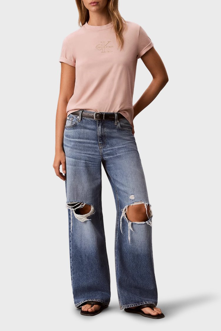 Calvin Klein Logolu Pamuklu Regular Fit Bisiklet Yaka LV047D873G3T3 Kadın T Shirt LV047D873G 3T3 PUDRA - Calvin Klein (1)