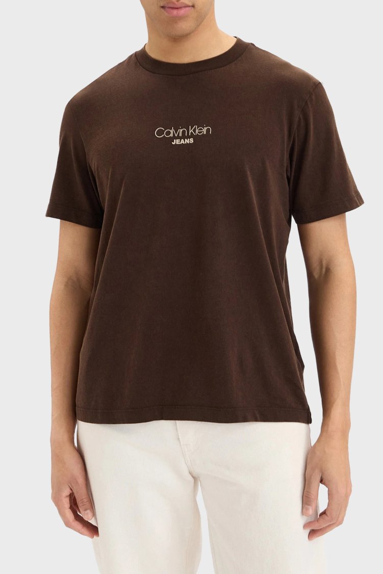 Calvin Klein Logolu Pamuklu Regular Fit Bisiklet Yaka LV04RB824GTO2 Erkek T Shirt LV04RB824G TO2 KAHVE - Calvin Klein