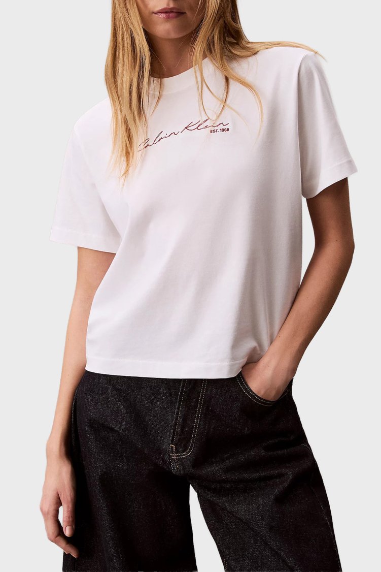 Calvin Klein Logolu Pamuklu Relaxed Fit Bisiklet Yaka LV047F820GYAF Kadın T Shirt LV047F820G YAF BEYAZ - Calvin Klein