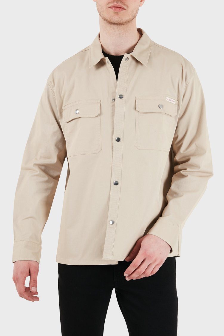 Calvin Klein Logolu Pamuklu Relaxed Fit Göğüs Cepli LV04RE103GPF0 Erkek Gömlek LV04RE103G PF0 BEJ - Calvin Klein