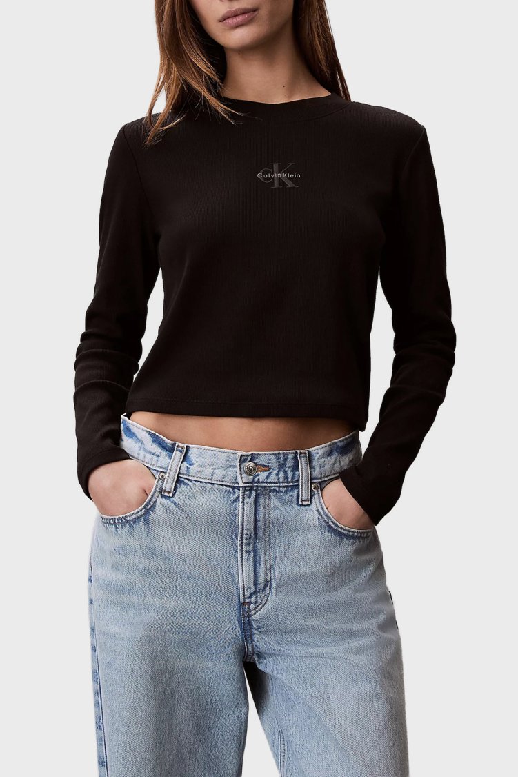 Calvin Klein Logolu Pamuklu Slim Fit Bisiklet Yaka Uzun Kollu LV047A803GUB1 Bayan T Shirt LV047A803G UB1 SİYAH - Calvin Klein