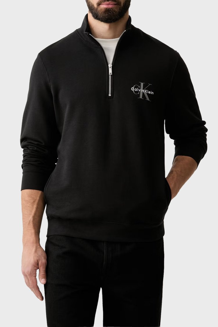 Calvin Klein Logolu Pamuklu Yarım Fermuarlı Dik Yaka LV04RG280GUB1 Erkek Sweat LV04RG280G UB1 SİYAH - Calvin Klein