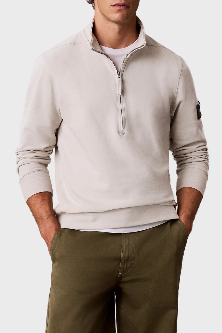 Calvin Klein Logolu Pamuklu Yarım Fermuarlı Dik Yaka LV04RJ203GPDJ Erkek Sweat LV04RJ203G PDJ Ekru - Calvin Klein