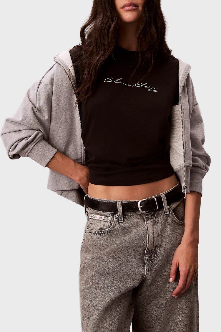 Calvin Klein Logolu Relaxed Fit Bisiklet Yaka LV047F820GUB1 Kadın T Shirt LV047F820G UB1 SİYAH - Calvin Klein