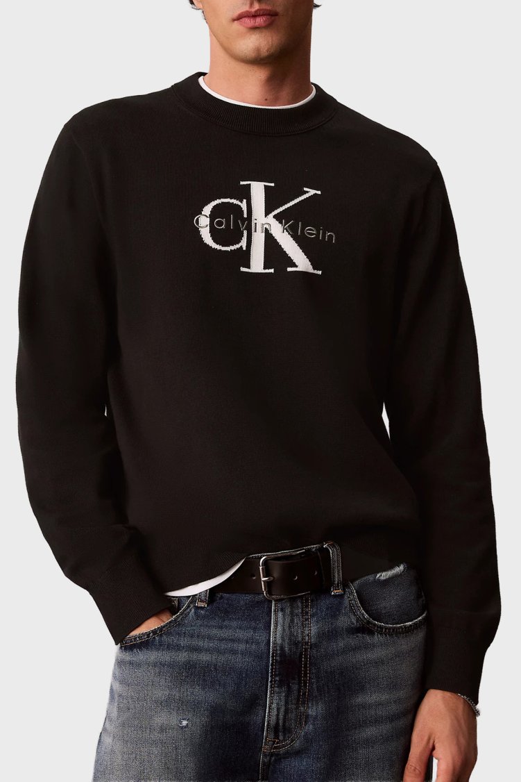 Calvin Klein Logolu Relaxed Fit Bisiklet Yaka LV04RH320GUB1 Erkek Kazak LV04RH320G UB1 Siyah - Calvin Klein