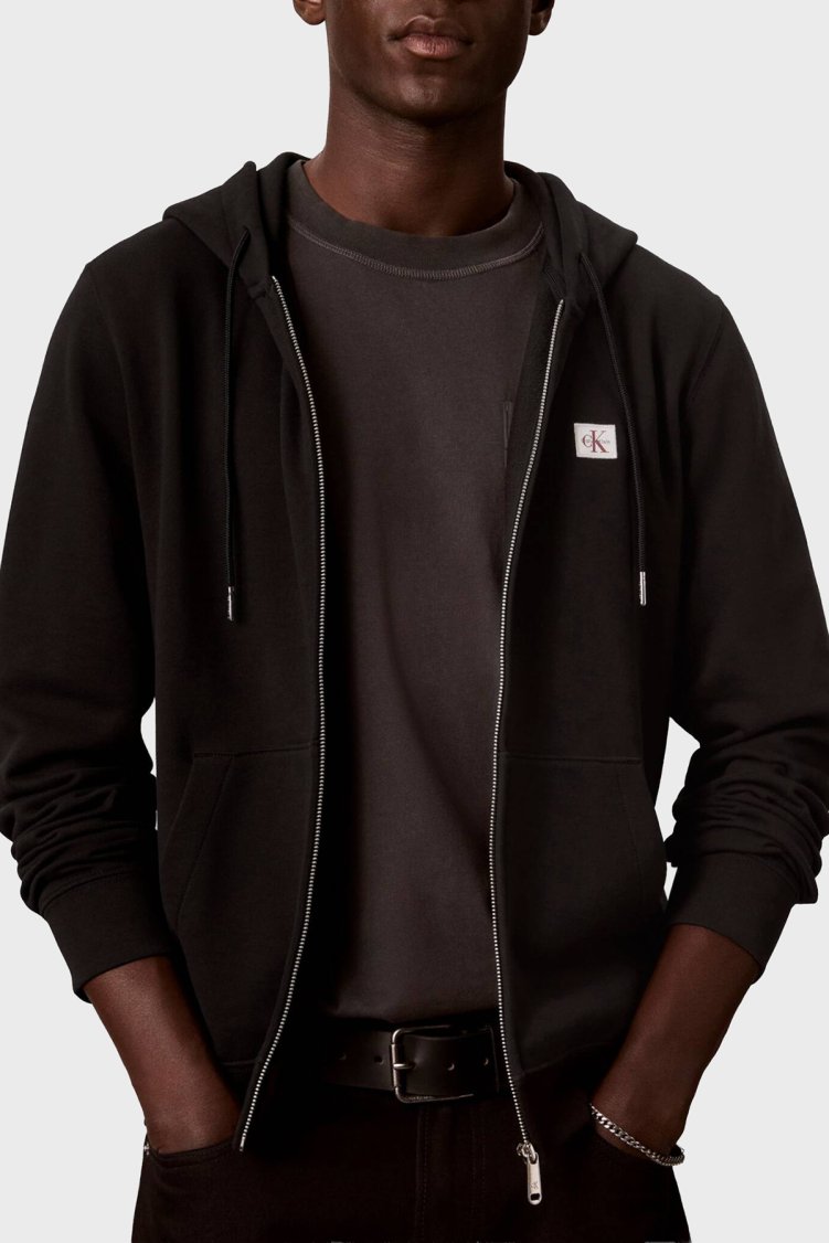 Calvin Klein Logolu Şardonlu Pamuk Karışımlı Kapüşonlu Fermuarlı LV04RH234GUB1 Erkek Sweat LV04RH234G UB1 Siyah - Calvin Klein