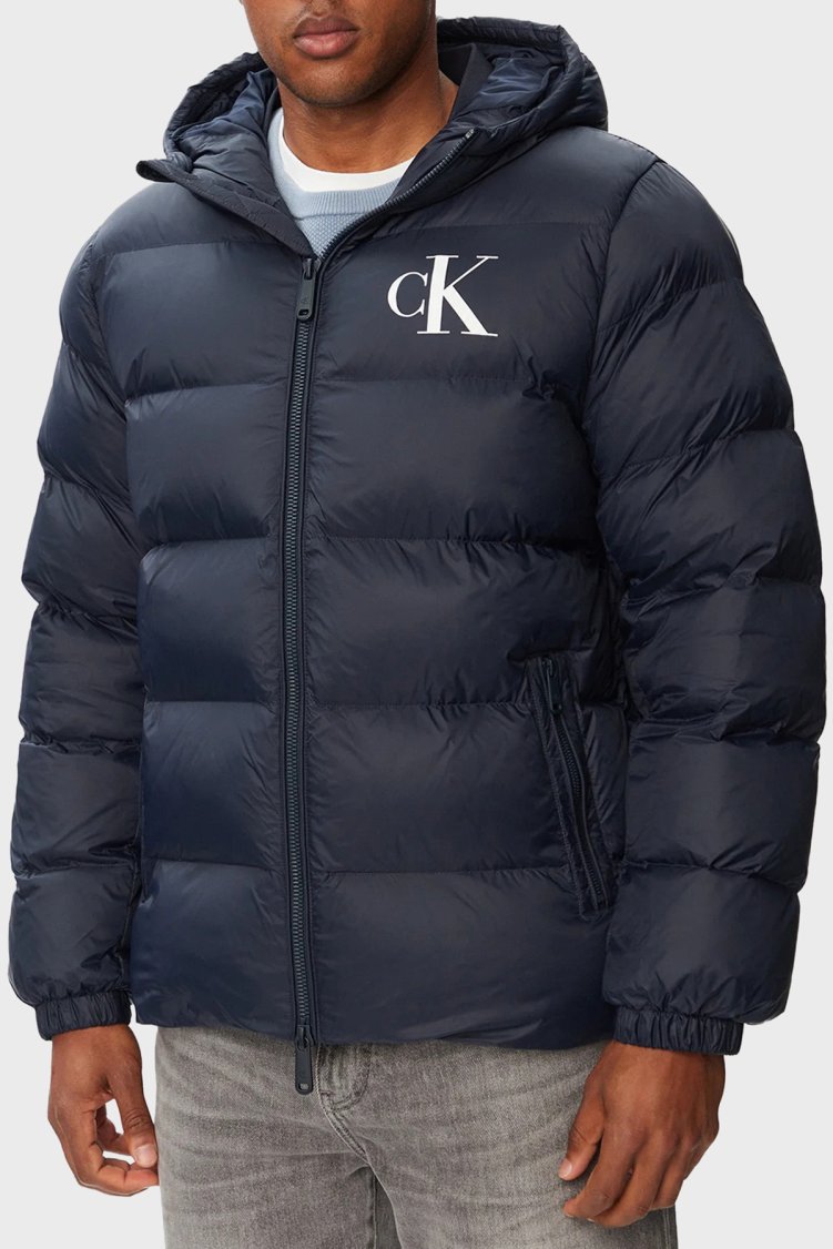 Calvin Klein Logolu Su İtici Kapüşonlu Şişme LV04RG513GCEF Erkek Mont LV04RG513G CEF Lacivert - Calvin Klein