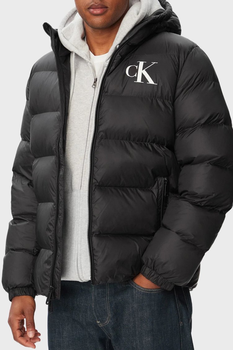 Calvin Klein Logolu Su İtici Kapüşonlu Şişme LV04RG513GUB1 Erkek Mont LV04RG513G UB1 Siyah - Calvin Klein
