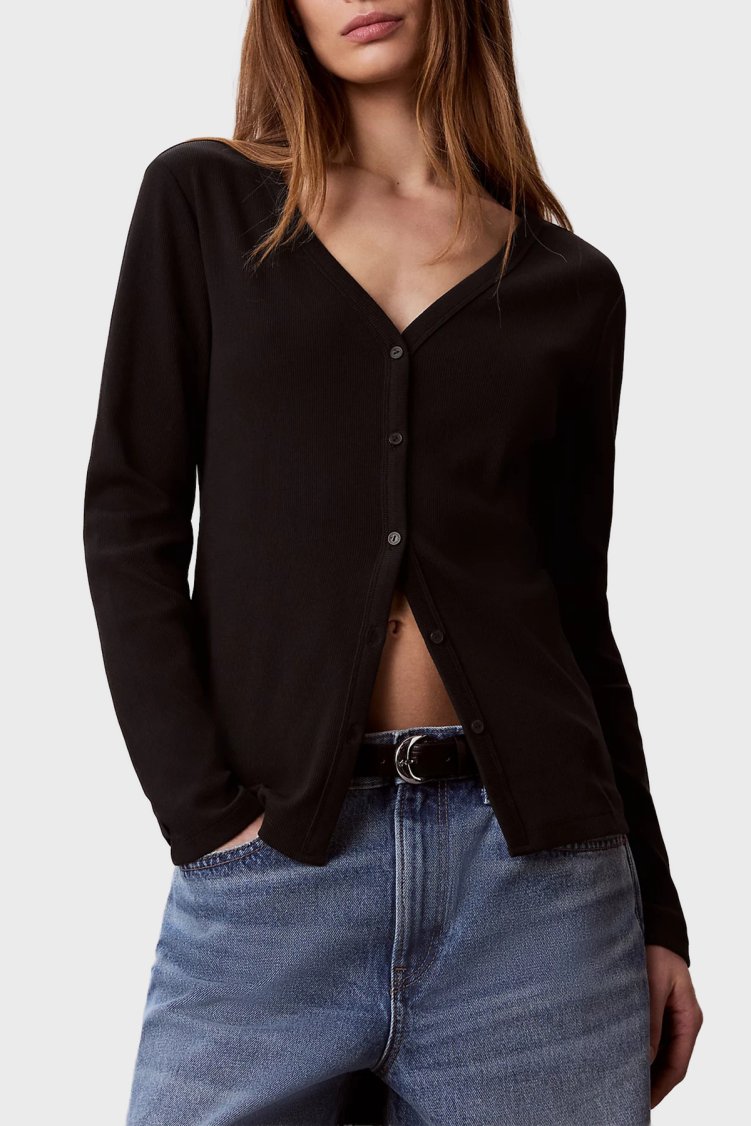 Calvin Klein Logolu V Yaka Düğmeli LV047G207GUB1 Kadın Hırka LV047G207G UB1 Siyah - Calvin Klein