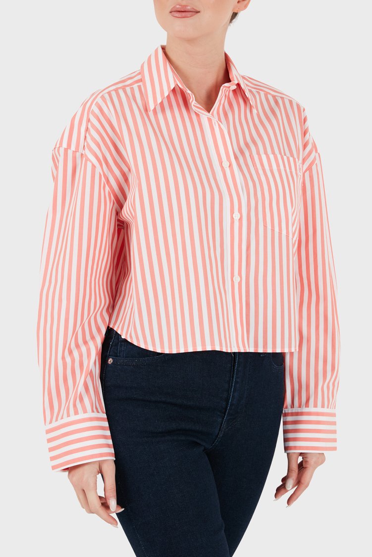 Calvin Klein % 100 Pamuk Regular Fit Çizgili Uzun Kollu LV047F105GTFE Kadın Gömlek LV047F105G TFE Mercan - Calvin Klein (1)