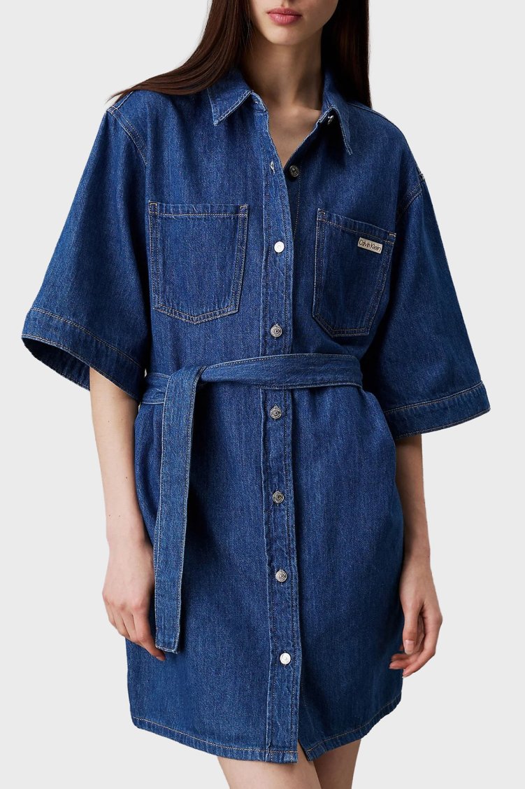 Calvin Klein Pamuklu Boxy Fit Mini Kot Gömlek J20J2251691A4 Kadın Elbise J20J225169 1A4 LACİVERT - Calvin Klein