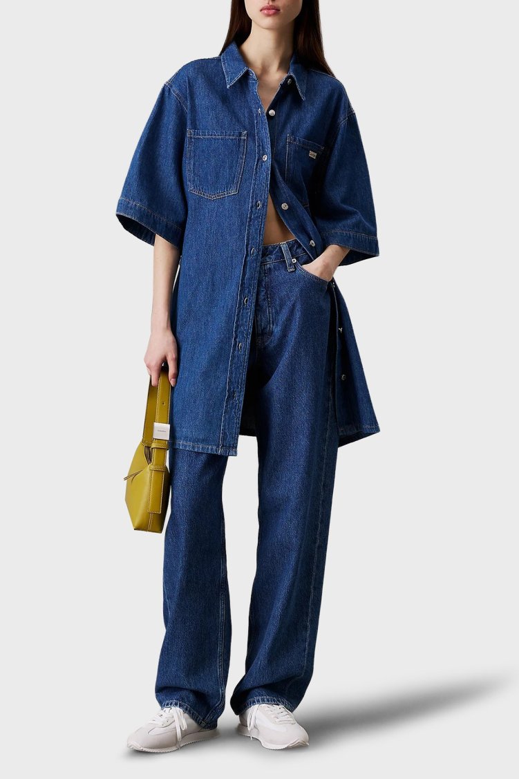 Calvin Klein Pamuklu Boxy Fit Mini Kot Gömlek J20J2251691A4 Kadın Elbise J20J225169 1A4 LACİVERT - Calvin Klein (1)