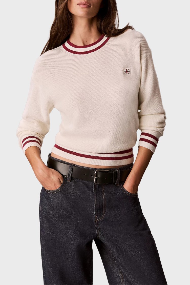 Calvin Klein Pamuklu Çizgi Detaylı Bisiklet Yaka LV047H303GYAS Kadın Kazak LV047H303G YAS Krem - Calvin Klein
