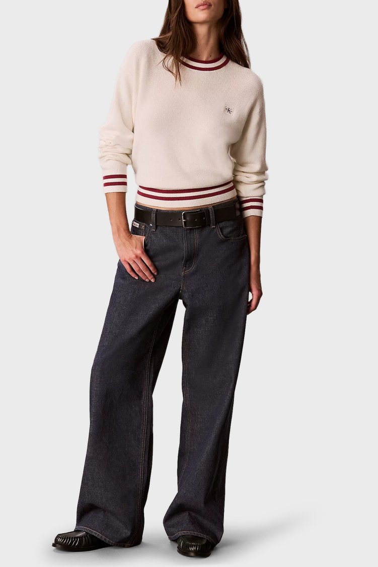 Calvin Klein Pamuklu Çizgi Detaylı Bisiklet Yaka LV047H303GYAS Kadın Kazak LV047H303G YAS Krem - Calvin Klein (1)
