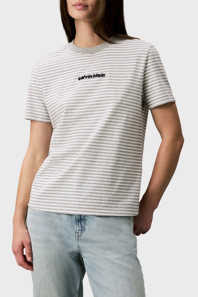Calvin Klein Pamuklu Çizgili Bisiklet Yaka LV047G812G21L Kadın T Shirt LV047G812G 21L Gri-beyaz - Calvin Klein