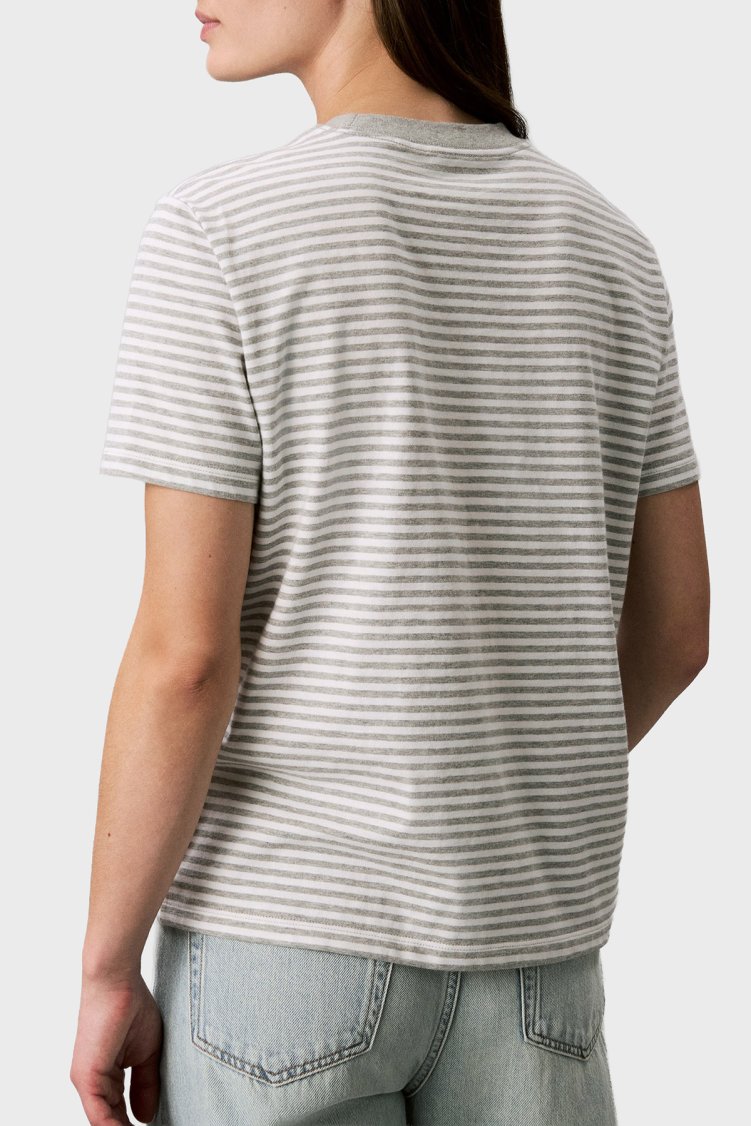 Calvin Klein Pamuklu Çizgili Bisiklet Yaka LV047G812G21L Kadın T Shirt LV047G812G 21L Gri-beyaz - Calvin Klein (1)