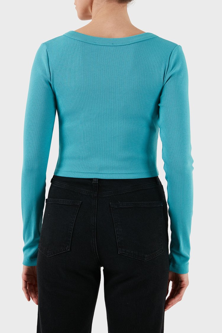 Calvin Klein Pamuklu Fitted Fit V Yaka Fitilli Kısa LV047C204GXEG Bayan Hırka LV047C204G XEG TURKUAZ - Calvin Klein (1)
