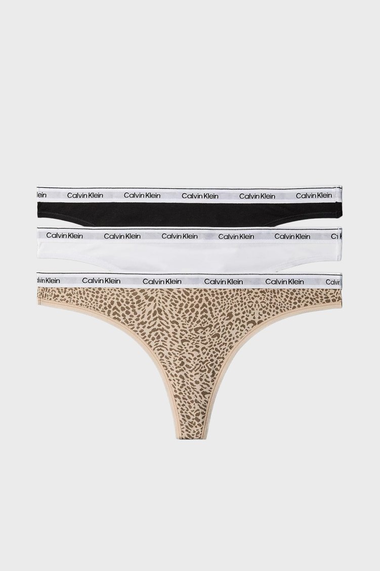 Calvin Klein Pamuklu Logolu 3 Pack LV00QD52093RN Kadın Külot LV00QD5209 3RN Siyah-Beyaz-Leopar - Calvin Klein