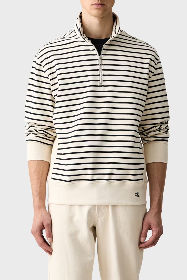 Calvin Klein Pamuklu Logolu Relaxed Fit Fermuarlı Dik Yaka LV04RG261GYAS Erkek Sweat LV04RG261G YAS KREM - Calvin Klein