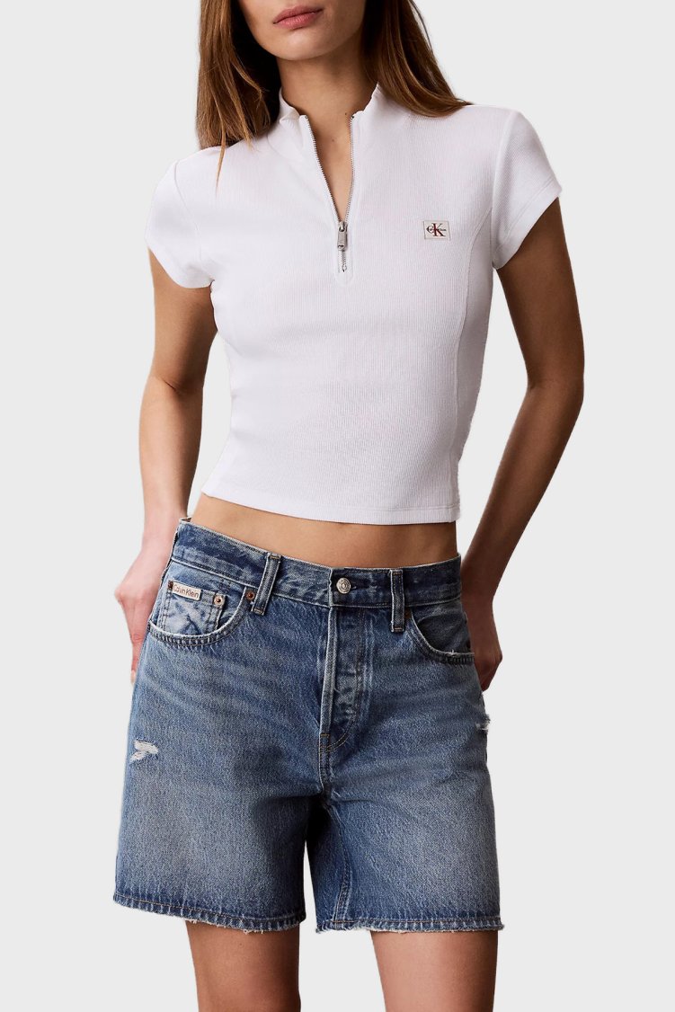 Calvin Klein Pamuklu Logolu Slim Fit Fermuarlı Dik Yaka LV047G240GYAF Kadın Top LV047G240G YAF BEYAZ - Calvin Klein