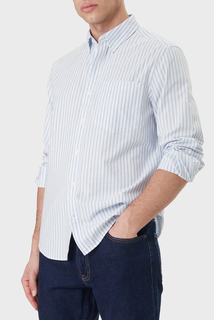 Calvin Klein Pamuklu Regular Fit Çizgili Uzun Kollu LV04RF100GC32 Erkek Gömlek LV04RF100G C32 MAVİ-BEYAZ - Calvin Klein