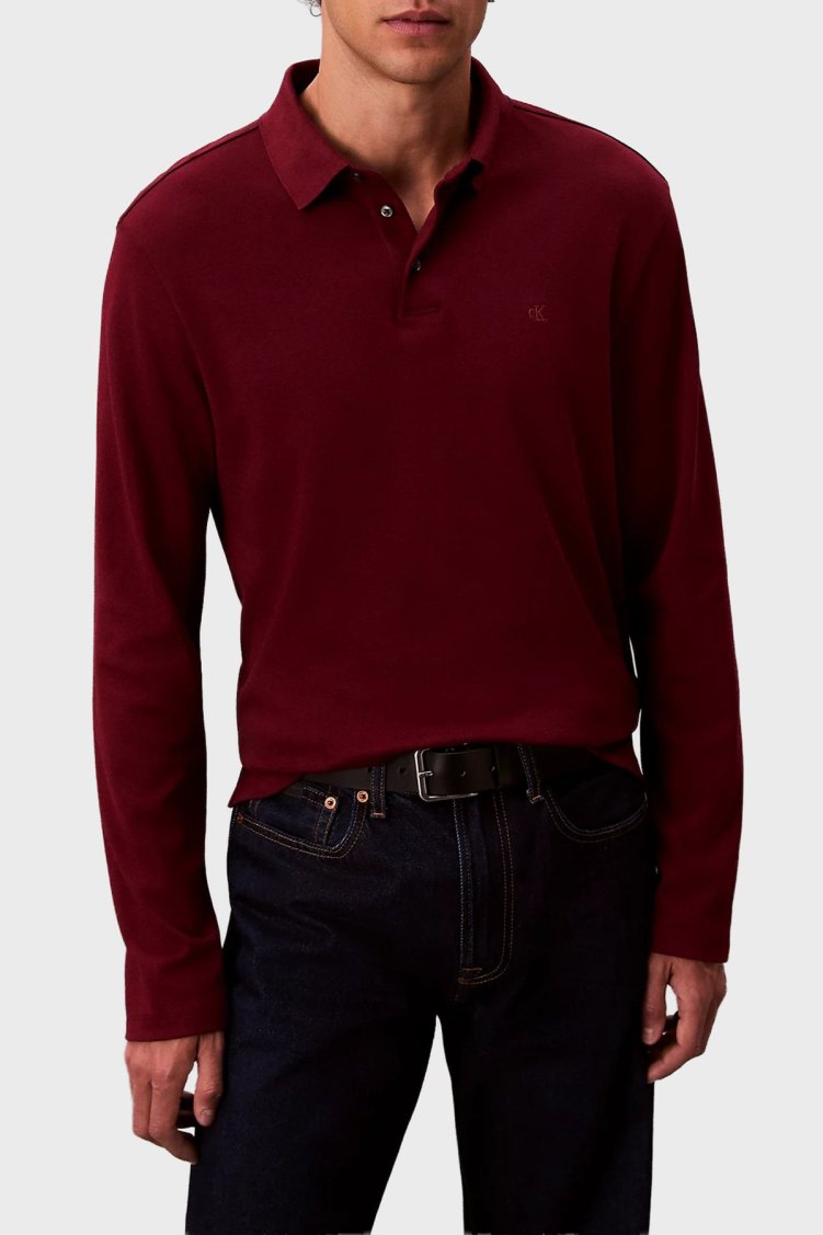 Calvin Klein Pamuklu Regular Fit Düğmeli LV040EM909WCV Erkek Polo Yaka Sweat LV040EM909 WCV BORDO - Calvin Klein
