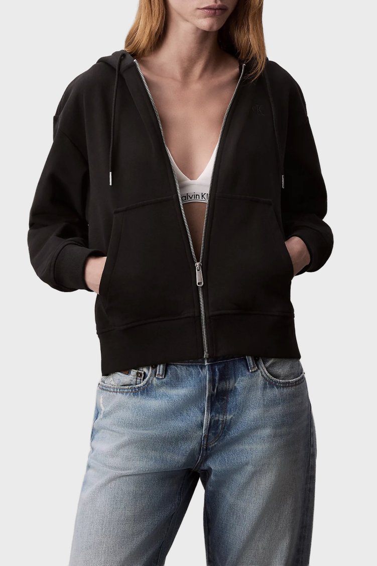 Calvin Klein Pamuklu Regular Fİt Kapüşonlu Fermuarlı LV047B237GUB1 Bayan Sweat LV047B237G UB1 SİYAH - Calvin Klein