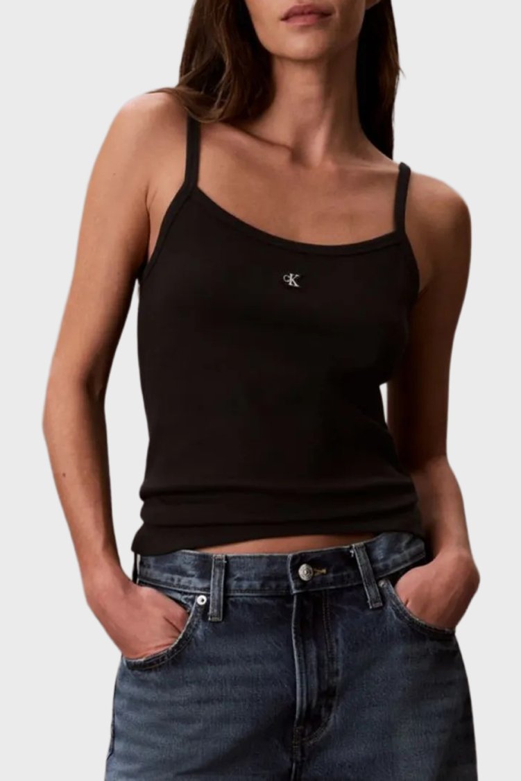 Calvin Klein Pamuklu Regular Fit Logolu Kare Yaka İp Askılı LV047G208GUB1 Kadın Top LV047G208G UB1 SİYAH - Calvin Klein