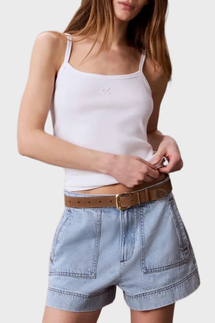 Calvin Klein Pamuklu Regular Fit Logolu Kare Yaka İp Askılı LV047G208GYAF Kadın Top LV047G208G YAF BEYAZ - Calvin Klein