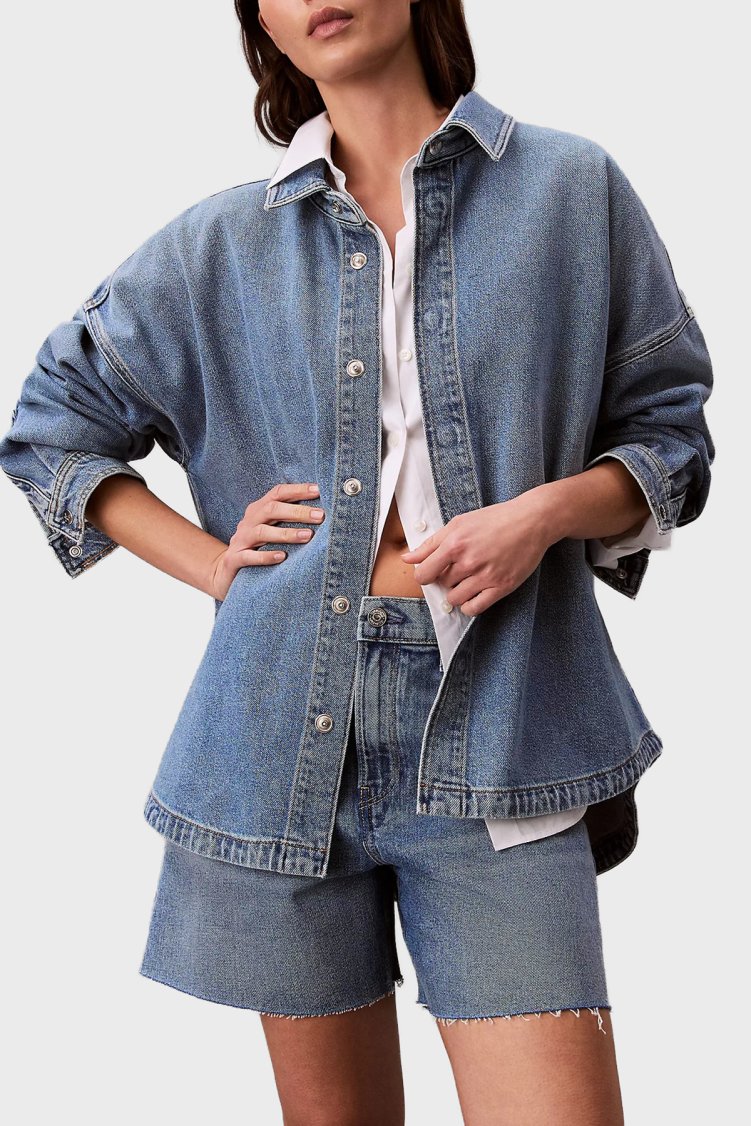 Calvin Klein Pamuklu Relaxed Fit Düğmeli LV047E753G3NS Bayan Kot Gömlek LV047E753G 3NS MAVİ - Calvin Klein