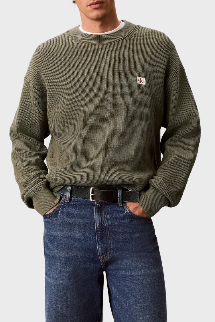 Calvin Klein Pamuklu Relaxed Fit Waffle LV04RD313GLDY Erkek Kazak LV04RD313G LDY HAKİ - Calvin Klein