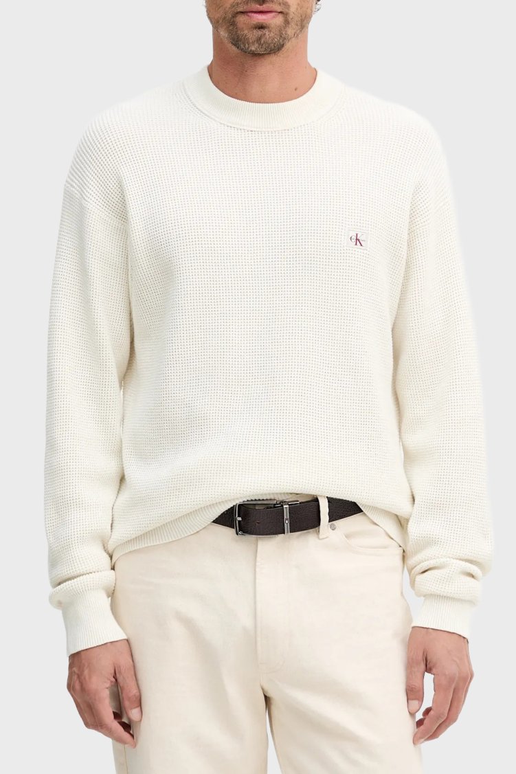 Calvin Klein Pamuklu Relaxed Fit Waffle LV04RD313GYAS Erkek Kazak LV04RD313G YAS KREM - Calvin Klein