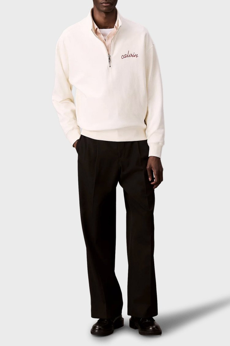 Calvin Klein Pamuklu Relaxed Fit Yarım Fermuarlı Dik Yaka LV04RC227GYAS Erkek Sweat LV04RC227G YAS BEYAZ - Calvin Klein (1)