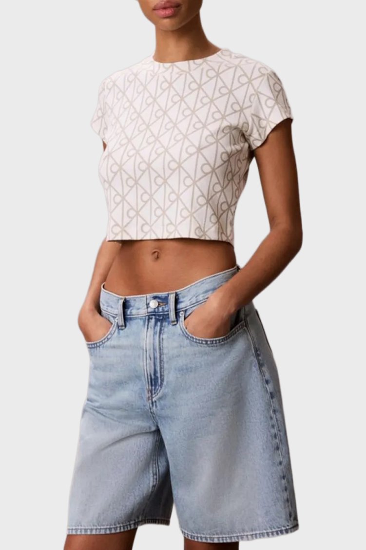 Calvin Klein Pamuklu Slim Fit Logo Baskılı Kadın T Shirt LV047G830G YAS KREM - Calvin Klein