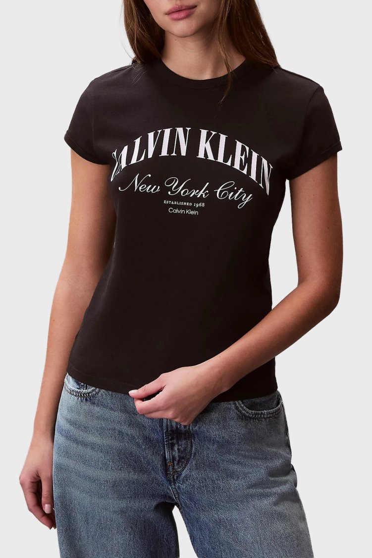 Calvin Klein Pamuklu Slim Fit Logolu Bisiklet Yaka Kadın T Shirt LV047F815G UB1 SİYAH - Calvin Klein