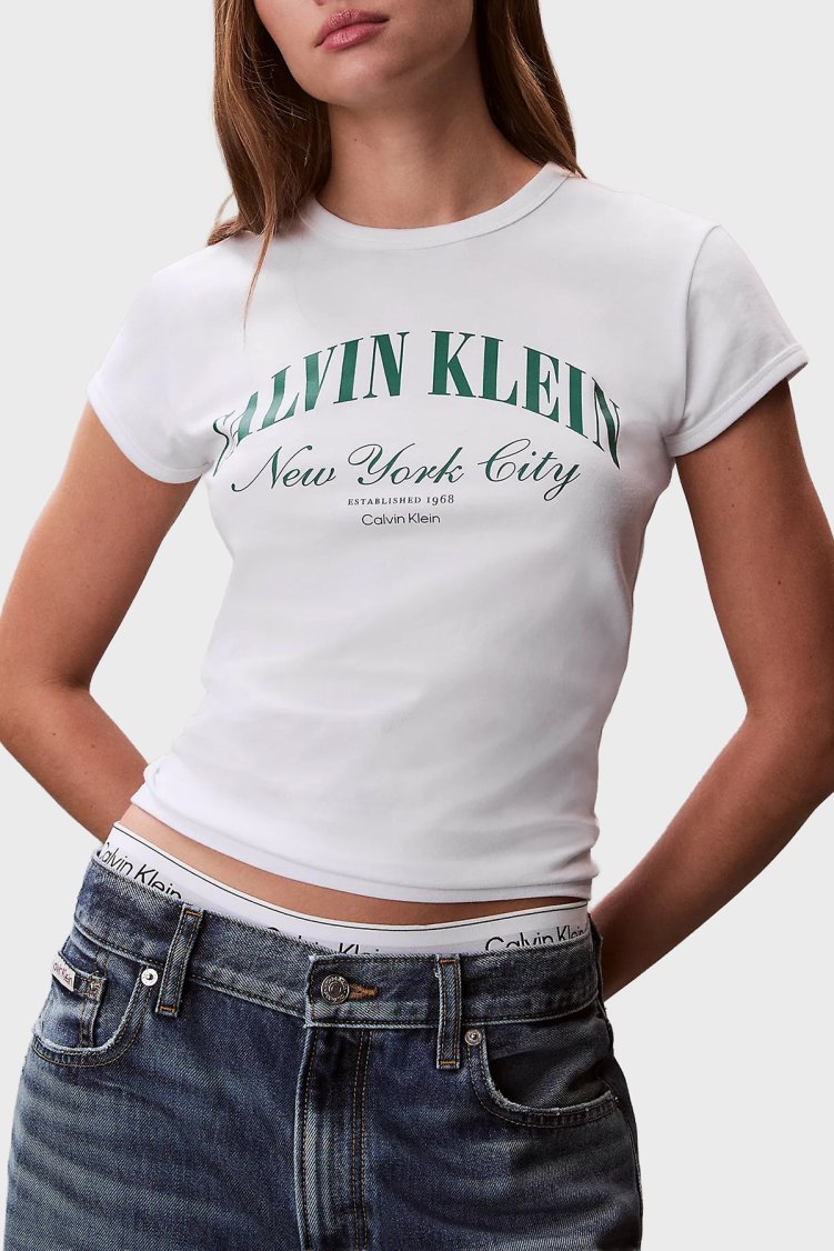 Calvin Klein Pamuklu Slim Fit Logolu Bisiklet Yaka Kadın T Shirt LV047F815G YAF BEYAZ - Calvin Klein