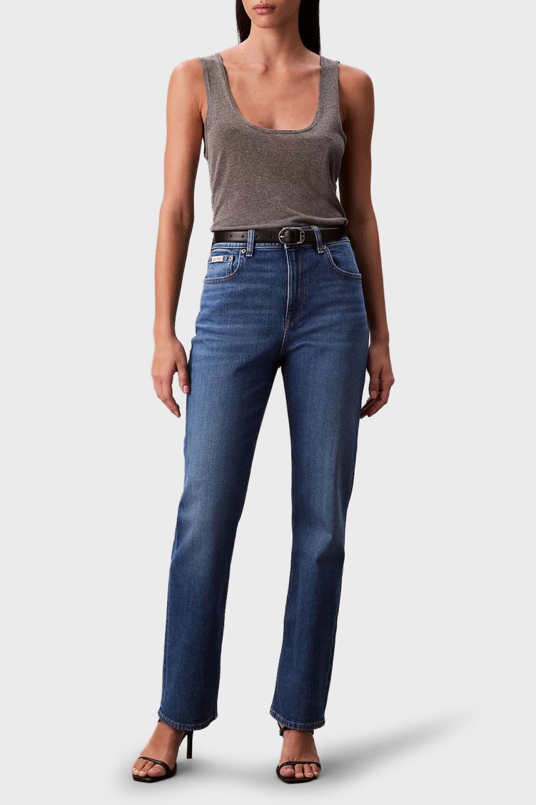 Calvin Klein Pamuklu Straight Fit Yüksek Bel Düz Paça Jeans LV047B913GYCC Bayan Kot Pantolon LV047B913G YCC MAVİ - Calvin Klein
