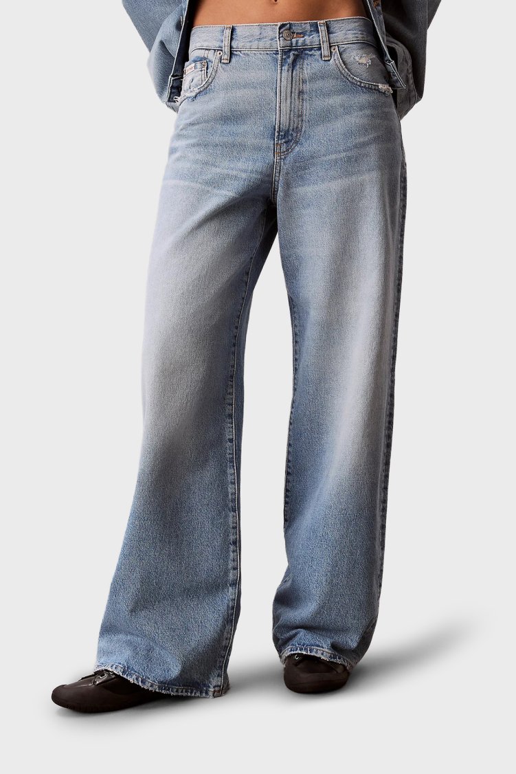 Calvin Klein Pamuklu Wide Leg Fit Yüksek Bel Jeans Kadın Kot Pantolon LV047F728G SD9 MAVİ - Calvin Klein