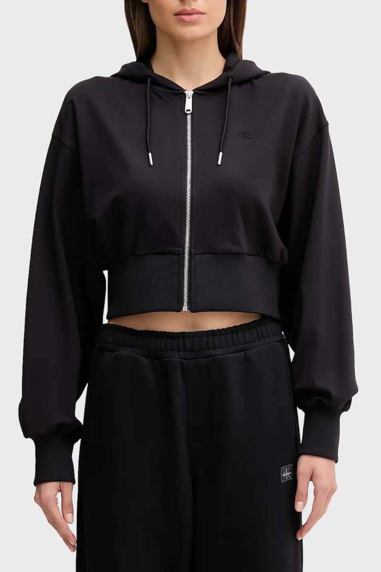 Calvin Klein Regular Fit Kapüşonlu Fermuarlı Logolu Crop LV047C247GUB1 Bayan Sweat LV047C247G UB1 SİYAH - Calvin Klein