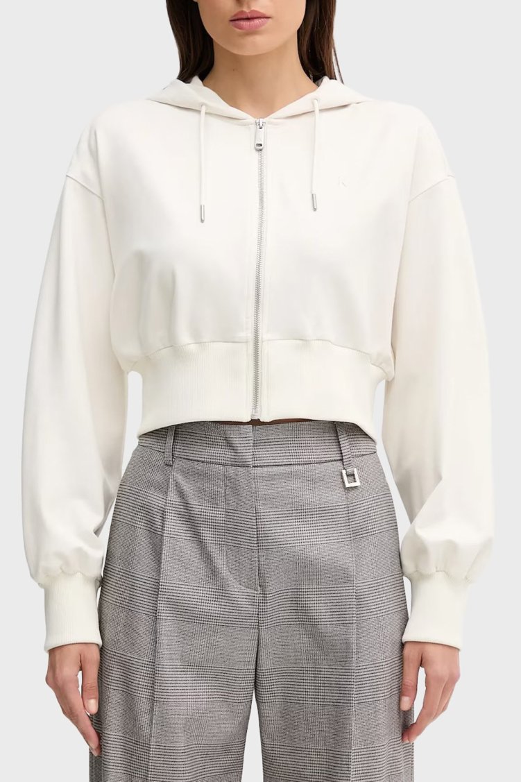 Calvin Klein Regular Fit Kapüşonlu Fermuarlı Logolu Crop LV047C247GYAS Bayan Sweat LV047C247G YAS BEYAZ - Calvin Klein