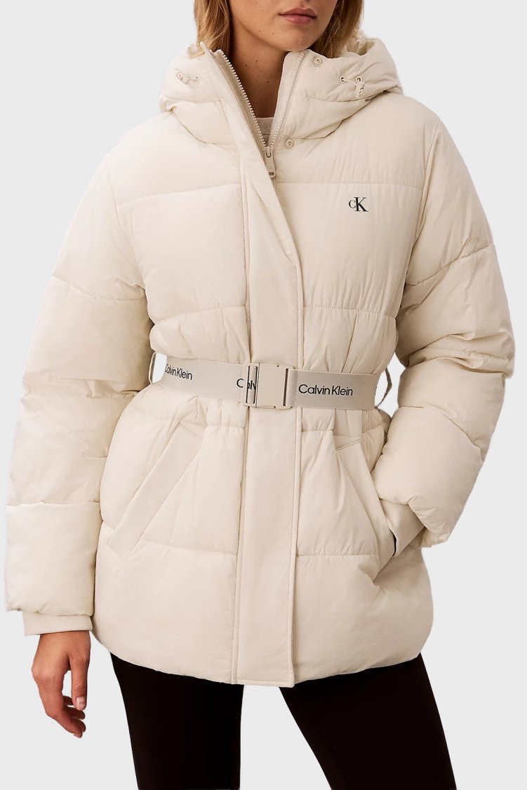 Calvin Klein Regular Fit Kapüşonlu Kemer Detaylı LV047D507G67U Kadın Mont LV047D507G 67U Ekru - Calvin Klein