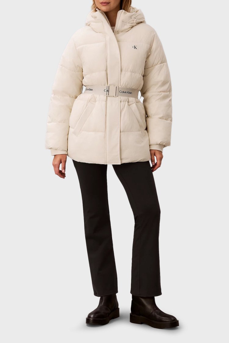 Calvin Klein Regular Fit Kapüşonlu Kemer Detaylı LV047D507G67U Kadın Mont LV047D507G 67U Ekru - Calvin Klein (1)
