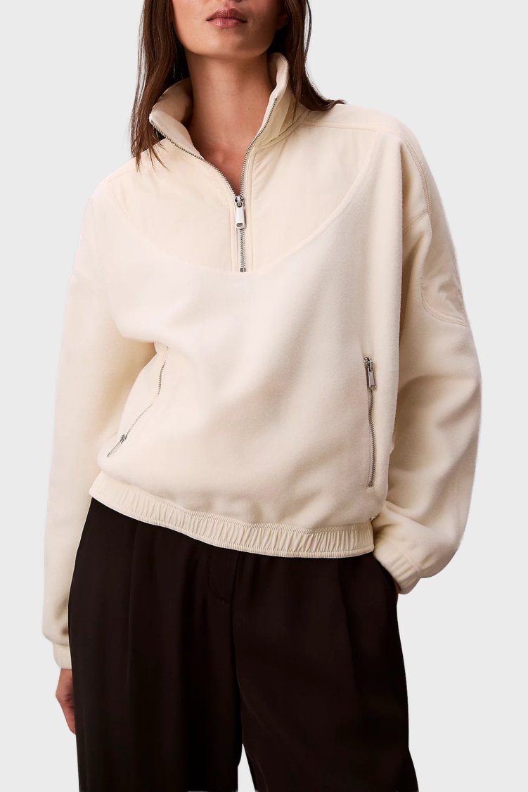Calvin Klein Regular Fit Yarım Fermuarlı Dik Yaka Polar LV047D231GYAS Bayan Sweat LV047D231G YAS BEYAZ - Calvin Klein