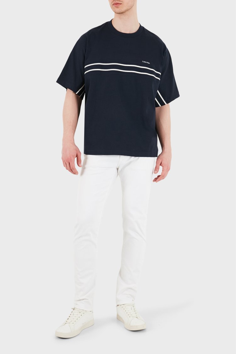 Calvin Klein Şerit Detaylı % 100 Pamuk Bisiklet Yaka LV04RE222GCEF Erkek T Shirt LV04RE222G CEF LACİVERT - Calvin Klein (1)