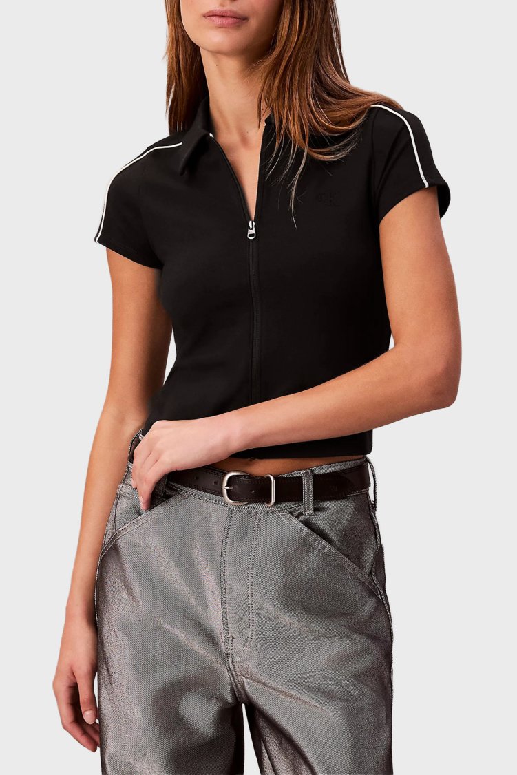 Calvin Klein Şerit Detaylı Slim Fit Fermuarlı Crop LV047E212GUB1 Kadın Polo LV047E212G UB1 SİYAH - Calvin Klein