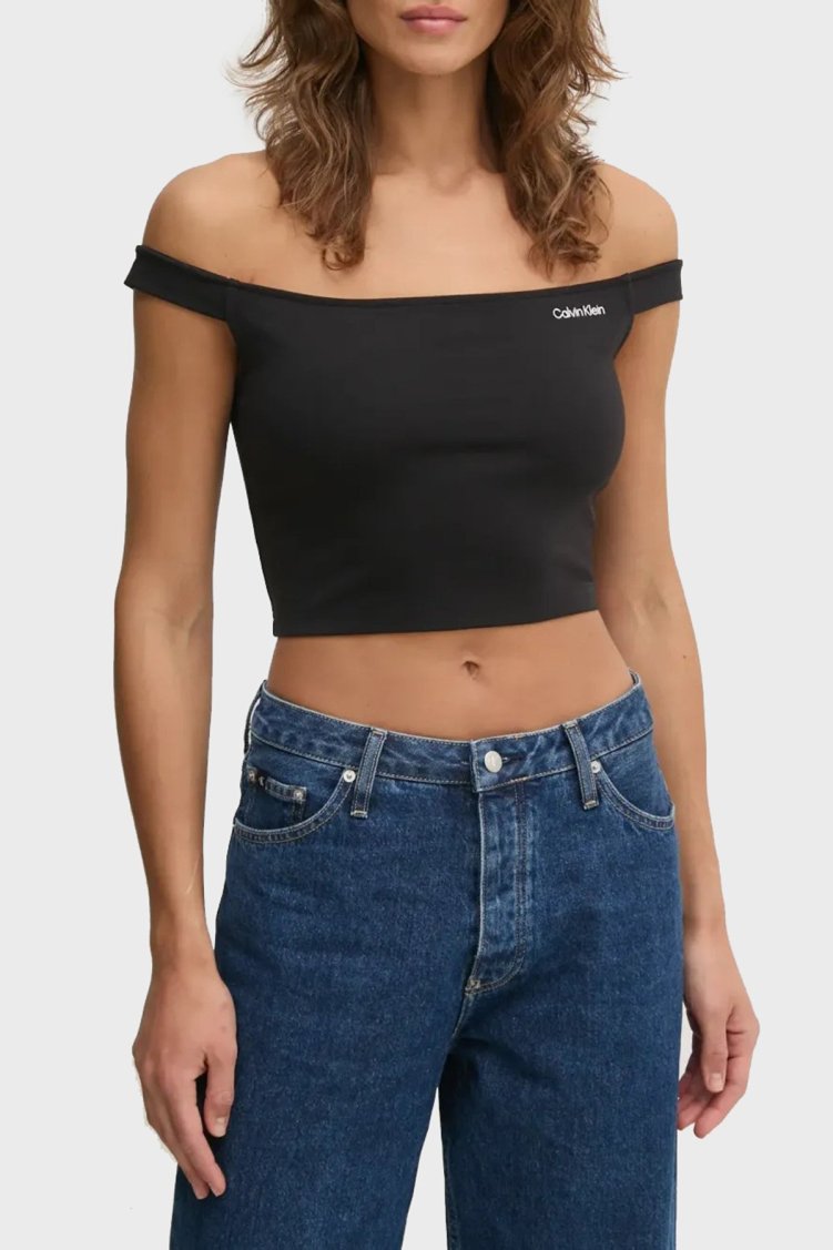 Calvin Klein Streç Logolu Slim Fit Kayık Yaka J20J225542BEH Bayan Top J20J225542 BEH SİYAH - Calvin Klein