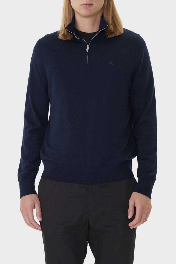Calvin Klein Yünlü Regular Fit Yarım Fermuarlı Dik Yaka LV04LD318GCEF Erkek Kazak LV04LD318G CEF LACİVERT - Calvin Klein