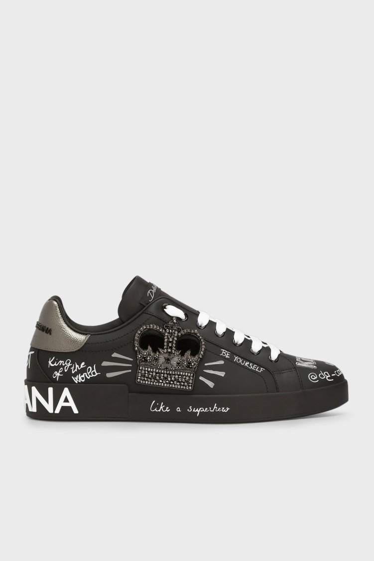 Dolce & Gabbana Hakiki Deri Logolu Sneaker Erkek Ayakkabı CS1760 AZ268 8T724 SİYAH - Dolce Gabbana