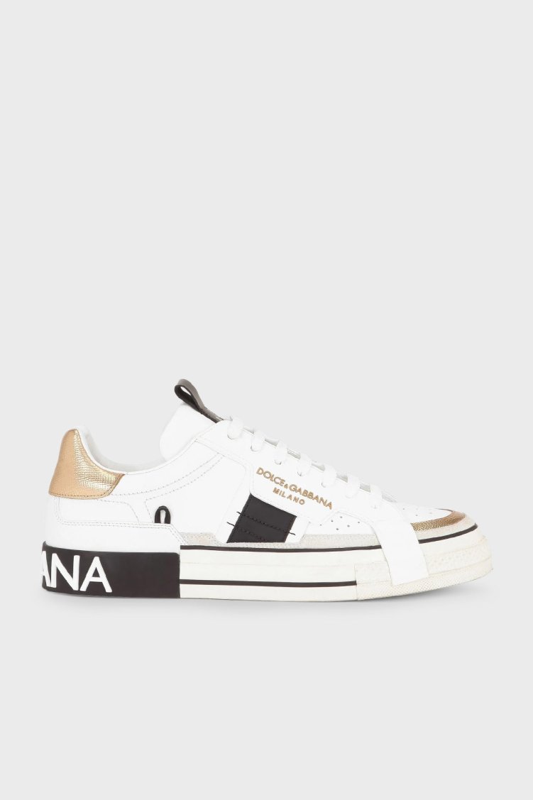 Dolce & Gabbana Logolu Deri Sneaker Erkek Ayakkabı CS1863 AO222 8B996 BEYAZ - Dolce Gabbana