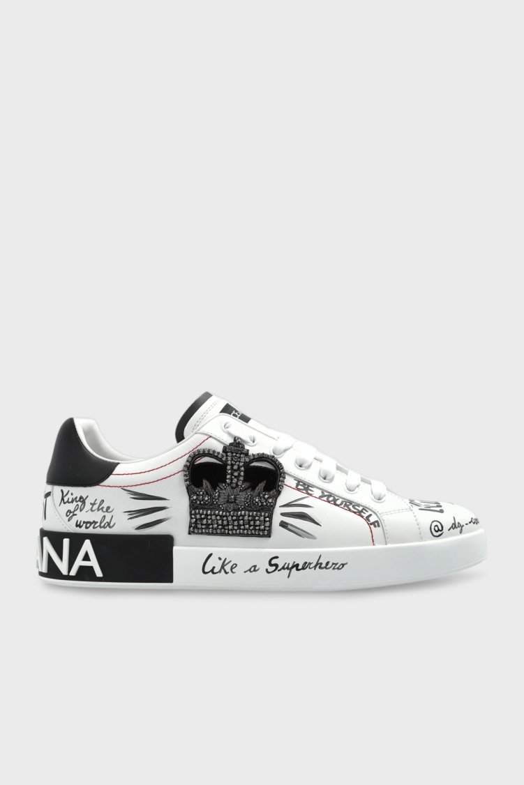Dolce Gabbana Logolu Hakiki Deri Sneaker Erkek Ayakkabı CS1760 A9AG1 89697 BEYAZ-SİYAH - Dolce Gabbana
